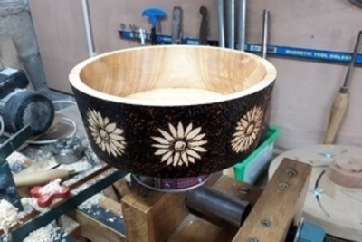 Birch bowl with pyrograving